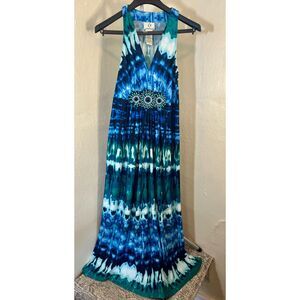 VTG Y2K ICE Blue Green Tie Dye Beaded Maxi Dress Size 14